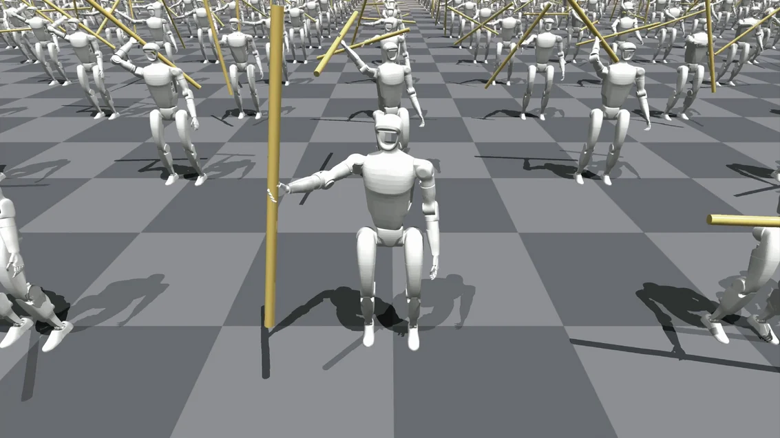 Multiple virtual G1 robots training in a simulation environment