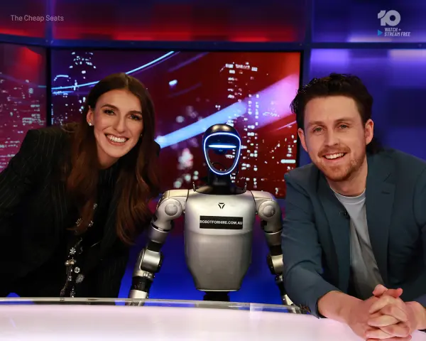 Rocco humanoid robot with The Cheap Seats hosts on Channel 10