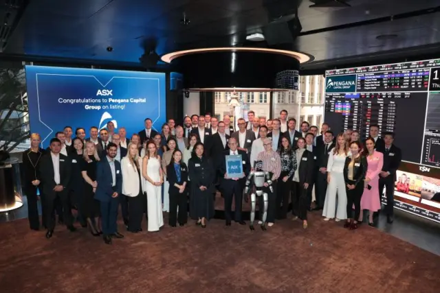 Rocco humanoid robot with the Pengana Capital Group team at the ASX listing